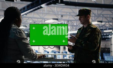Army experts operate a green screen computer in a server room to deploy AI technology for defense infrastructure. Stock Photo
