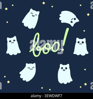 Halloween background. Set of cute cartoon cat ghosts with kawaii faces on night sky background with text Boo. Vector clipart illustration. Stock Vector