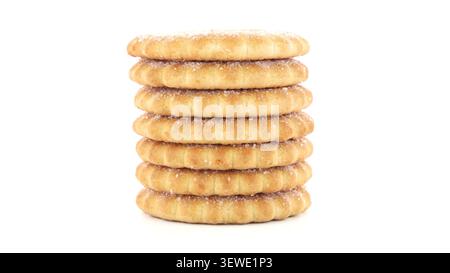 A vertical stack of seven round, golden-brown biscuits coated with fine sugar crystals is isolated against a pure white background. This high-key stud Stock Photo