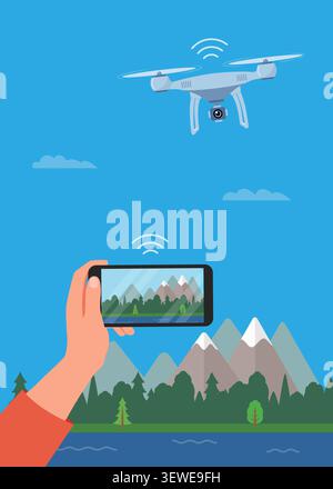 A drone captures scenery while a hand holds a smartphone displaying live view, showing remote control and aerial recording concept. Stock Vector