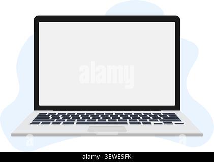 A minimalist flat design of an open silver laptop on a soft blue background, perfect for digital workspace mockups. Stock Vector