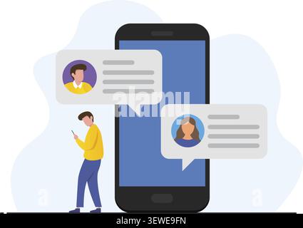A flat design concept showing a person using a smartphone to send and receive text messages with digital avatars. Stock Vector