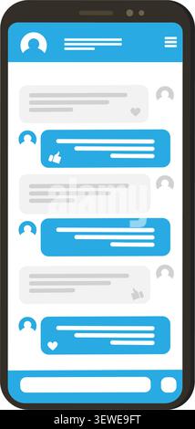 A flat vector graphic showing a smartphone screen with blue and grey message bubbles and user profile icons in a chat. Stock Vector