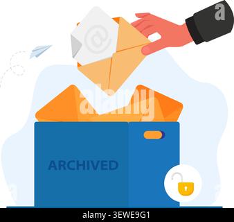 A hand places an envelope into a blue storage bin to illustrate the process of archiving electronic mail messages. Stock Vector