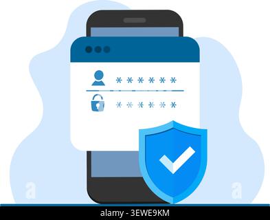 A smartphone displaying a secure login interface with password encryption and a protective shield for data safety. Stock illustration. Stock Vector