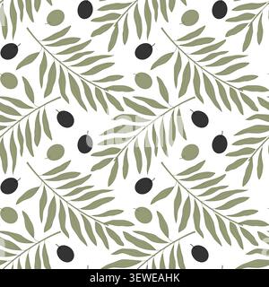 Repeat olive branch pattern showing diagonal sprigs with elongated leaves and scattered Black and green olives on clean white background. Packing design Greetings Thematic cards background, label, tag Stock Vector