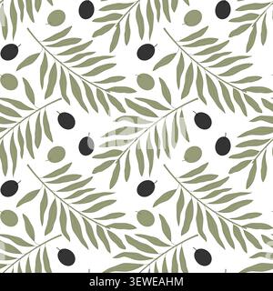 Repeat olive branch pattern showing diagonal sprigs with elongated leaves and scattered Black and green olives on clean white background. Packing design Greetings Thematic cards background, label, tag Stock Vector