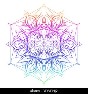Stylish rainbow gradient mandala ornament with detailed floral elements and symmetrical boho aesthetic. Suitable for tattoo inspiration, wall art, log Stock Vector