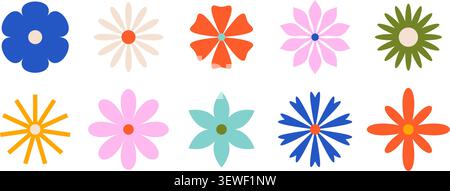 Cute simple flower shapes set. Abstract bloom symbol collection. Retro groovy blossom element pack for sticker, poster, banner, decoration. Vintage hippie style chamomile or daisy design. Vector Stock Vector