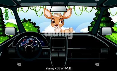 Cartoon fawn peers through a car windshield from a lush forest in vector style. Stock Vector