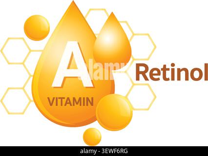 Bright vector illustration of vitamin A retinol with orange droplets and hexagonal background shapes Stock Vector