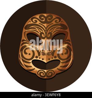 Vector illustration of a wooden tribal mask with intricate carvings, flat design, centered composition Stock Vector
