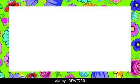 Vibrant Otomi style botanical vector frame with multicolored flowers around a white rectangular center. Stock Vector