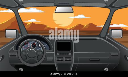 Flat vector illustration showing a vehicle dashboard overlooking a desert mountain range at sunset. Stock Vector