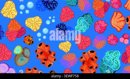 Colorful flat vector art illustrates diverse coral species and bubbles on blue ocean floor. Stock Vector