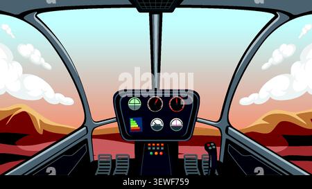 First-person vector illustration of an aircraft cockpit flying over desert mountains during sunset. Stock Vector