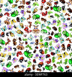 Colorful seamless background with various cartoon insects including bees, butterflies, and beetles on white. Stock Vector
