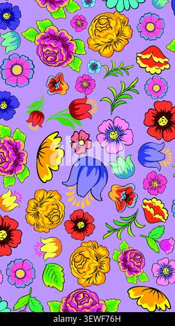 Vibrant vector illustration of traditional botanical motifs arranged in a seamless decorative floral pattern. Stock Vector