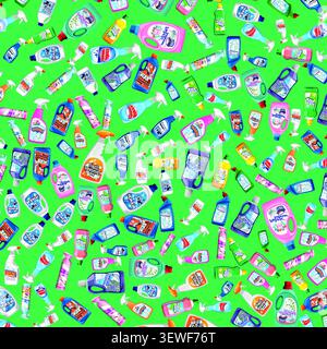 Flat vector illustration of various detergent, spray, and chemical bottles in a repeating pattern. Stock Vector