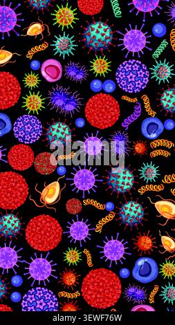 Detailed vector pattern of various bacteria, viruses, and germs against a dark background. Stock Vector