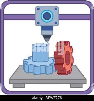 Flat vector illustration of a 3D printer nozzle extruding material to create mechanical gears Stock Vector