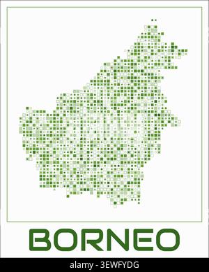 Borneo digital style map. Small square dots on white background. Dotted shape of the island. Borneo map and title. Elegant vector illustration. Stock Vector