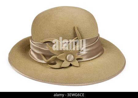Women's felt hat with a flower on a white background. An old woolen hat with a ribbon. Stock Photo