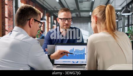 Two Financial Analysts Collaborate On KPI Dashboard Using Laptop Together. Stock Photo