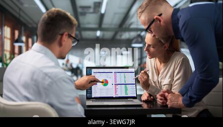 Medical Billing Analyst And Team Reviewing Coding Spreadsheets On Laptops. Stock Photo