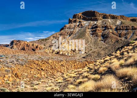 Scenic view of volcanic mountains and rocky desert landscape in Teide National Park, Tenerife, Canary Islands. Stock Photo