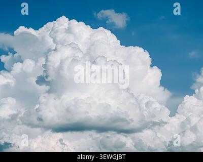 Massive white cumulus clouds illuminated by daylight against a vivid blue sky, creating a striking natural background. Ideal for weather, climate, env Stock Photo