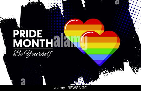 Pride Month 2026 Celebration Poster with Rainbow Heart Design | Be Yourself Concept Stock Vector