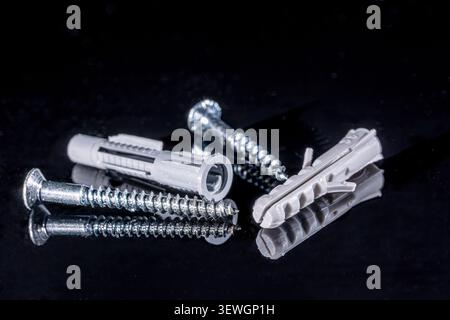 Group of metal screws and plastic wall plugs reflecting on a dark, glossy surface, illustrating common construction hardware, DIY tools, and repair fa Stock Photo