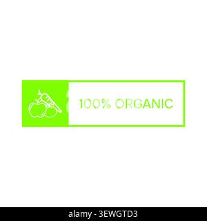 A modern flat rectangular packaging label banner featuring line art icons of an apple, tomato, and carrot with 100% organic text for fresh grocery bra Stock Vector