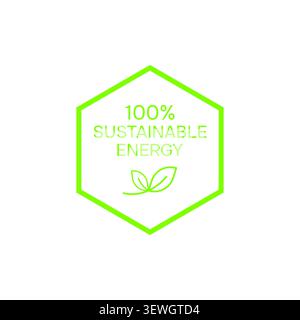 A geometric green hexagon outline logo template displaying 100% sustainable energy text with a fine line leaf icon, designed for renewable clean energ Stock Vector