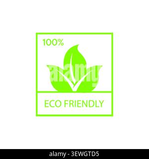 A clean green square badge logo design featuring a three-leaf cluster icon with 100% text, perfect for eco-friendly products and organic packaging lab Stock Vector