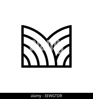 A contemporary minimalist line art logo design showcasing a letter M formed by clean black geometric curves resembling hills or waves. Stock Vector