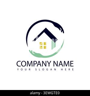 A meaningful charity logo template featuring a house icon safely protected inside a circular embrace of two caring human hands, representing a social Stock Vector