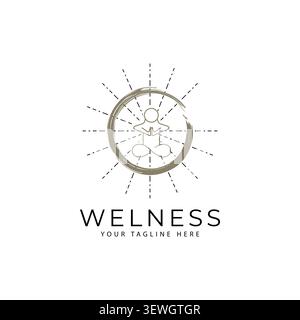 A serene line art wellness logo template featuring a meditating person in a lotus pose surrounded by a zen brush circle and sunburst rays. Stock Vector