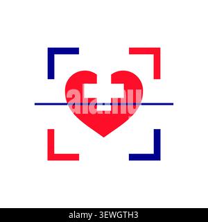 A clean geometric medical logo showcasing a red heart shape split by a white health cross and a solid scan line inside target framing brackets. Stock Vector