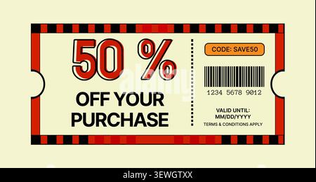 Discount 50% OFF coupon ticket template with promotional voucher, barcode, percentage offer and retail sale design for ecommerce and shopping vector Stock Vector