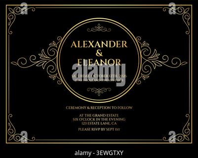 Luxury wedding invitation template with elegant vintage floral frame, black and gold ornamental border for marriage, celebration and event stationery Stock Vector