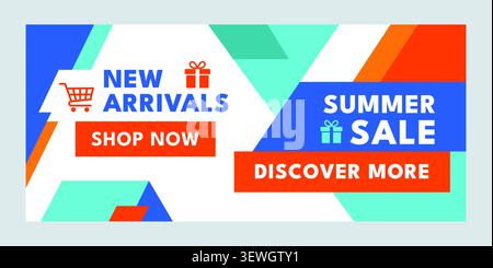 Promotional web banner template with geometric shapes for summer sale, new arrivals, ecommerce marketing and online shopping campaigns vector Stock Vector