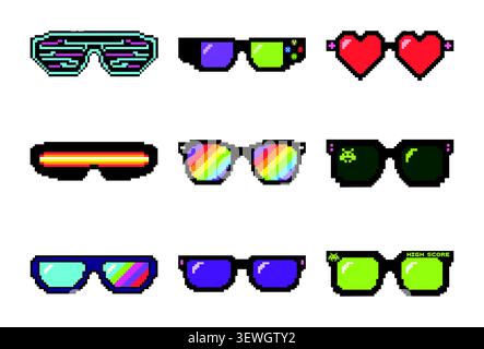Pixel art sunglasses icon set with retro gaming, heart glasses, 3D eyewear and colorful pixelated eyewear designs vector Stock Vector