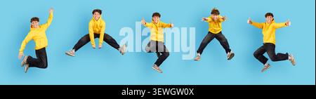 Collage of cheerful young man jumping with different gestures on blue background Stock Photo