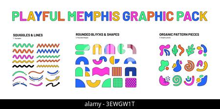 Memphis graphic elements pack with abstract shapes, squiggle lines, organic doodles and geometric design assets for branding and creative projects. Stock Vector
