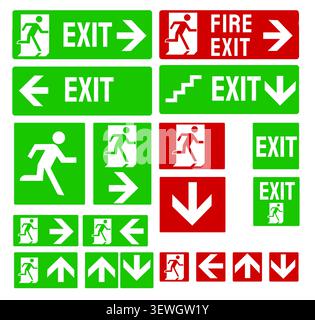 Emergency exit sign icon set with fire exit, evacuation route, safety arrows and emergency door symbols for building safety vector Stock Vector