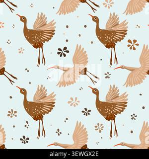 Hand drawn different plants and flowers, cute birds on blue background Stock Vector