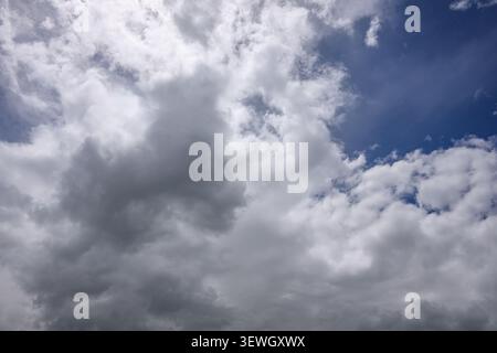 Dramatic sky with fluffy white and gray clouds against deep blue. Clouds vary in density, creating textured layers Stock Photo