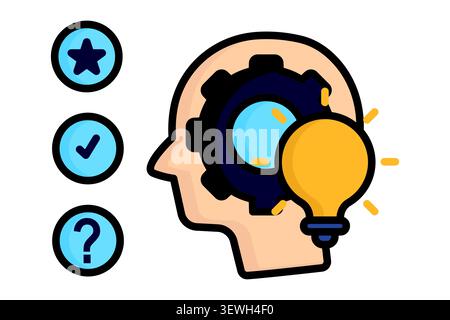 Decision making icon. colored outline style. of a human head with a gear and lightbulb inside, next to three option circles a star, a checkmark, and a Stock Vector